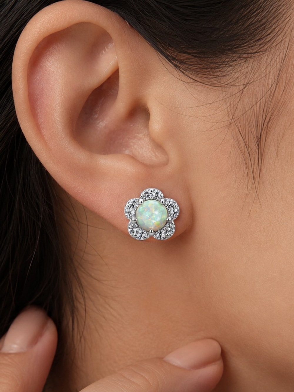 Sterling Silver 925 Opal Flower Stud Earrings - White Opal - Picture 2 of 2